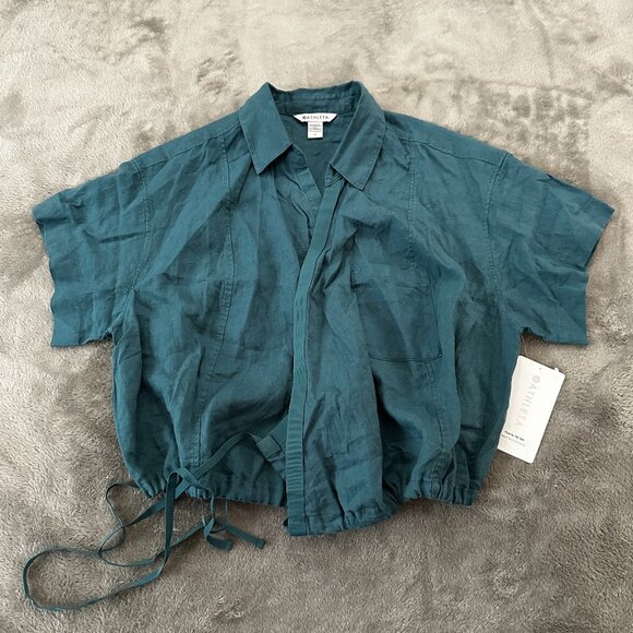 NWT Athleta Playa Top 100% Linen Shirt Women's size 1X 1XL Teal Blue - Picture 1 of 7